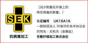 SEK （减少附着在纤维上的特定病毒的数量。）认证编号 一般财团法人 纤维评价技术协议会 药剂名：无机类（金属盐）仓敷纤维加工株式会社